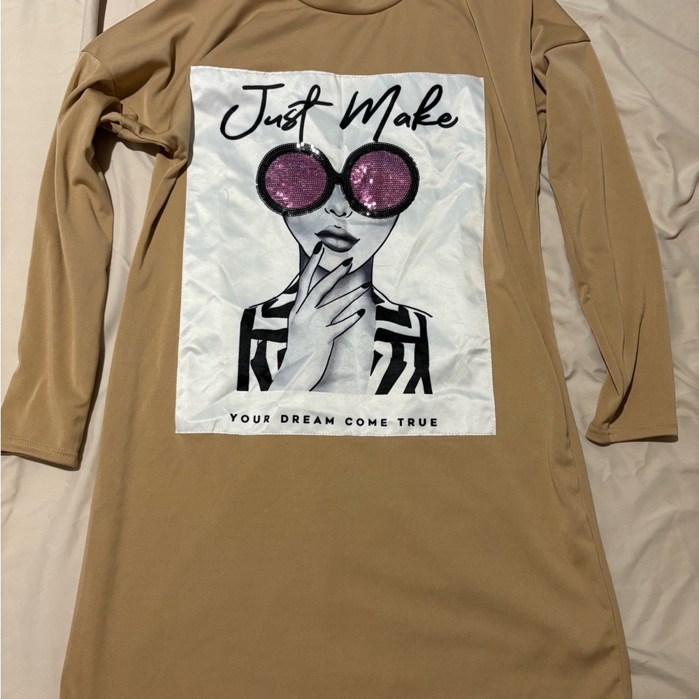 Tan Long Sleeve Dress with Graphic Print